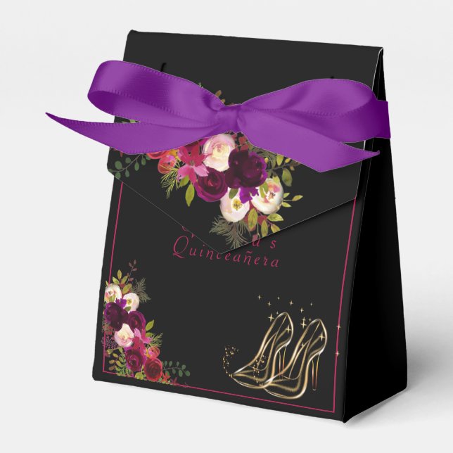 Quinceanera Rote Rosen Gold High Heels Sparkle Sta Geschenkschachtel (Vorderseite)