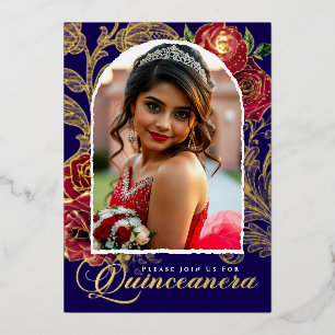 Quinceanera Rote Rosen Navy Blue Elegantes Foto Go Folieneinladung
