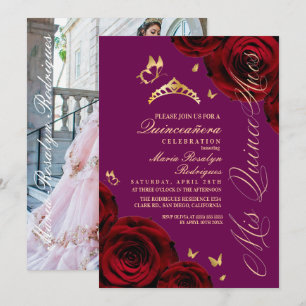 Quinceanera Roter Pflaumen-Gold-Tiara Einladung