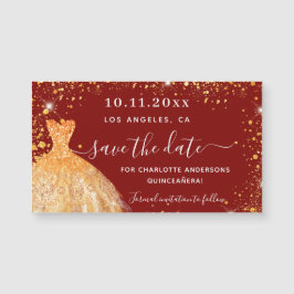 Quinceanera rotes Goldkleid speichern Datums-Magne Magnetkarte