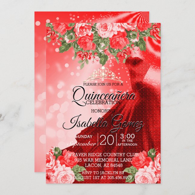 Quinceañera Rotes Got und Blume Einladung (Vorne/Hinten)