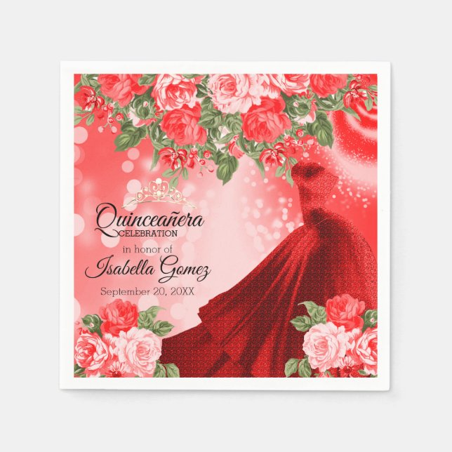 Quinceañera Rotes Got und Blume Serviette (Vorderseite)