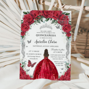 Quinceañera Rotes Kleid Rosen Floral Vintage Silbe Einladung