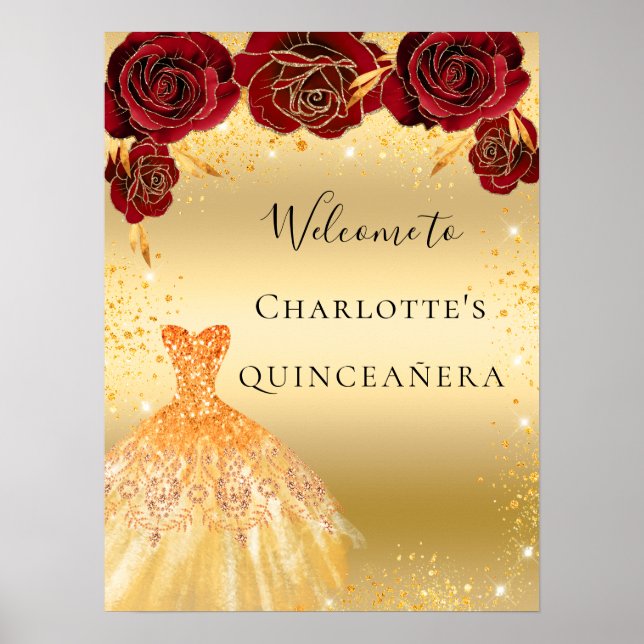 Quinceanera Rotgold Glitzer Kleid Blumenempfang Poster (Vorne)