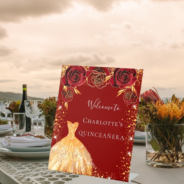 Quinceanera Rotgold Glitzer Kleid Blumenempfang Sockelschild (Von Creator hochgeladen)