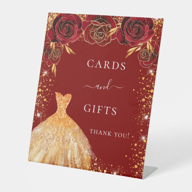 Quinceanera Rotgold Glitzer Kleid Blumengeschenke Sockelschild (Vorderseite)
