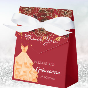 Quinceanera Rotgoldfloralen Kleid Danke Geschenkschachtel