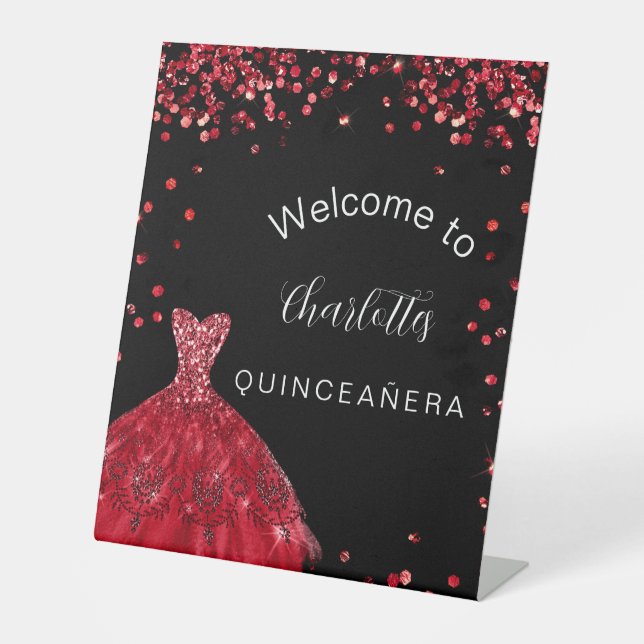 Quinceanera Rotschwarzer Glitzer Empfang Sockelschild (Vorderseite)