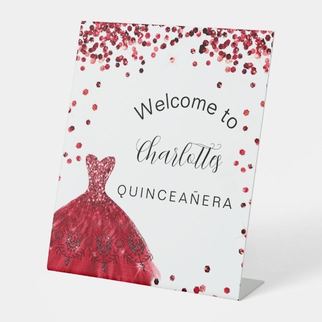 Quinceanera Rotweiße Glitzer Empfang Sockelschild (Vorderseite)