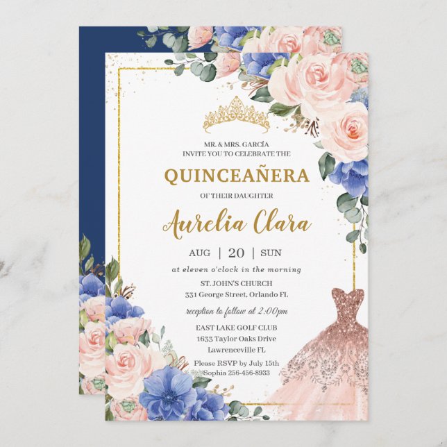 Quinceañera Royal Blue Blush Blumenkleid Tiara Einladung (Vorne/Hinten)