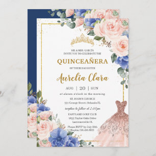 Quinceañera Royal Blue Blush Blumenkleid Tiara Einladung