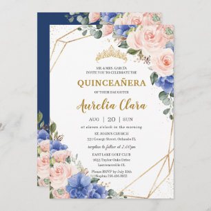 Quinceañera Royal Blue Blush Floral Gold Tiara Einladung