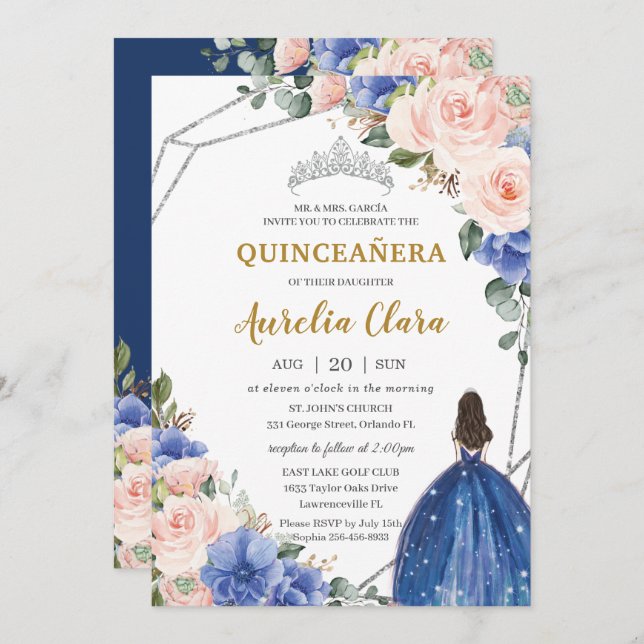 Quinceañera Royal Blue Blush Floral Silver Tiara Einladung (Vorne/Hinten)