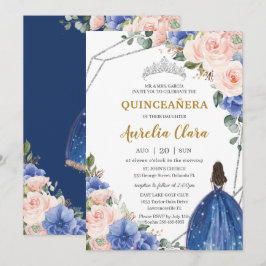 Quinceañera Royal Blue Blush Floral Silver Tiara Einladung