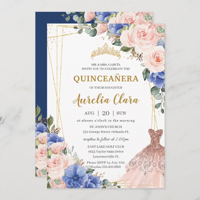 Quinceañera Royal Blue Blush Floral Tiara Kleid Einladung (Vorne/Hinten)