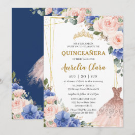 Quinceañera Royal Blue Blush Floral Tiara Kleid Einladung