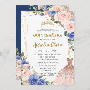 Quinceañera Royal Blue Blush Floral Tiara Kleid Einladung