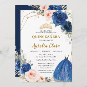 Quinceañera Royal Blue Blush Rose Ball Gown Einladung