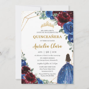 Quinceañera Royal Blue Burgund Floral Prinzessin Einladung