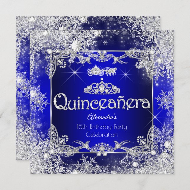 Quinceanera Royal Blue Fairytale Winter Wonderland Einladung (Vorne/Hinten)