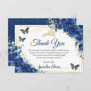 Quinceañera Royal Blue Floral Butterfells Geburtst Dankeskarte