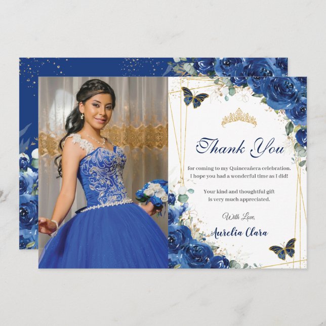 Quinceañera Royal Blue Floral Butterfells Geburtst Dankeskarte (Vorne/Hinten)
