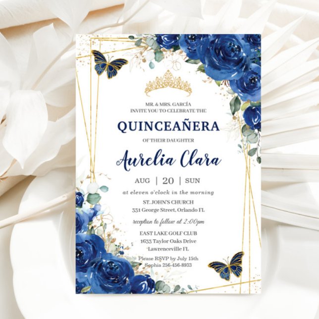 Quinceañera Royal Blue Floral Butterfells Geburtst Einladung (Von Creator hochgeladen)