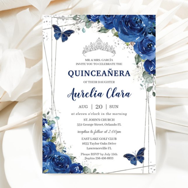 Quinceañera Royal Blue Floral Butterfells Geburtst Einladung (Von Creator hochgeladen)