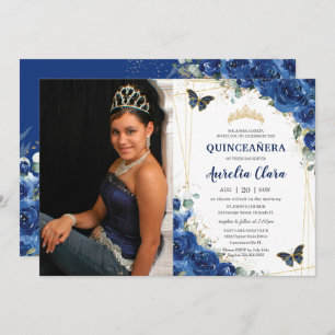 Quinceañera Royal Blue Floral Butterfells Geburtst Einladung