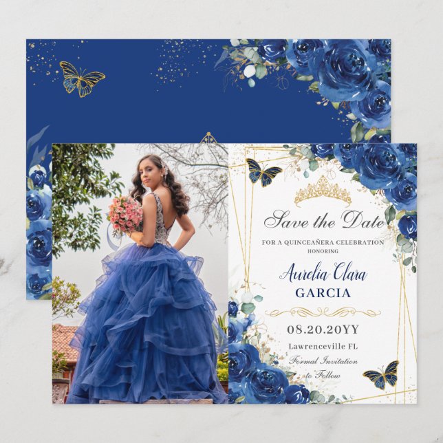 Quinceañera Royal Blue Floral Butterfells Geburtst Save The Date (Vorne/Hinten)