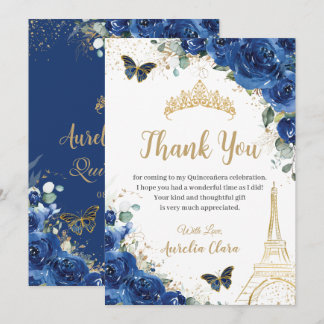 Quinceañera Royal Blue Floral Eiffel 16. Geburtsta Dankeskarte