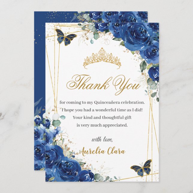 Quinceañera Royal Blue Floral Gold Schmetterlinge Dankeskarte (Vorne/Hinten)