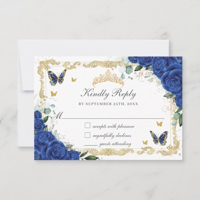Quinceañera Royal Blue Floral Gold Schmetterlinge RSVP Karte (Vorderseite)