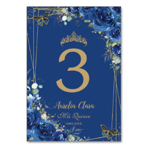 Quinceañera Royal Blue Floral Gold Schmetterlinge Tischnummer