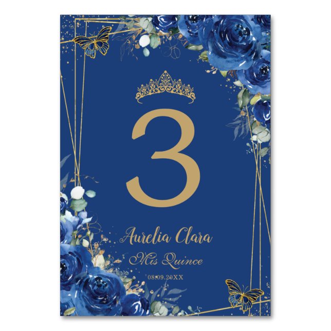 Quinceañera Royal Blue Floral Gold Schmetterlinge Tischnummer (Rückseite)