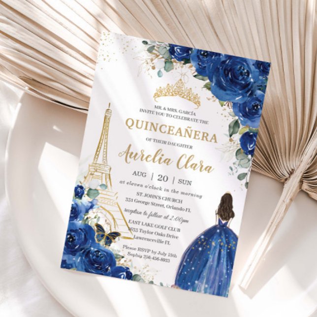 Quinceañera Royal Blue Floral Paris Eiffel Gold Einladung (Von Creator hochgeladen)