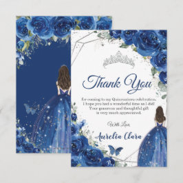 Quinceañera Royal Blue Floral Princess Birthday Dankeskarte