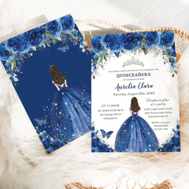 Quinceañera Royal Blue Floral Princess Birthday Einladung (Von Creator hochgeladen)