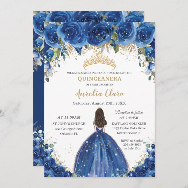 Quinceañera Royal Blue Floral Princess Birthday Einladung (Vorne/Hinten)