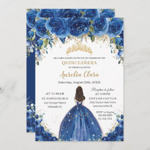 Quinceañera Royal Blue Floral Princess Birthday Einladung