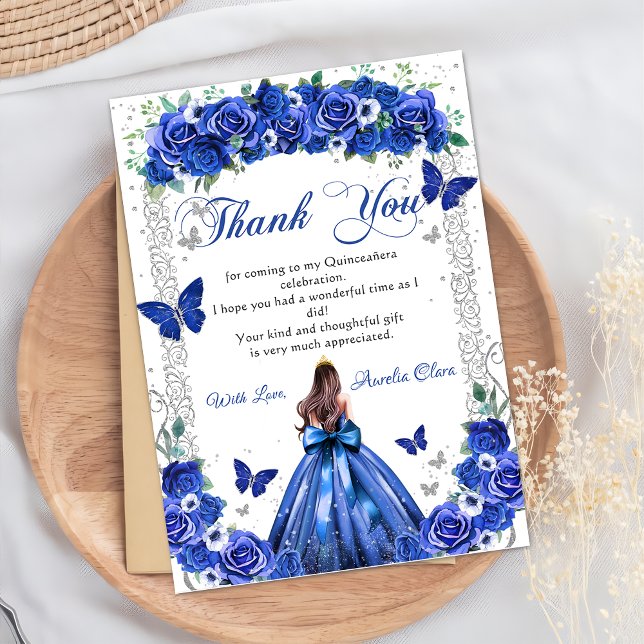 Quinceañera Royal Blue Floral Princess Butterflieg Dankeskarte (Von Creator hochgeladen)