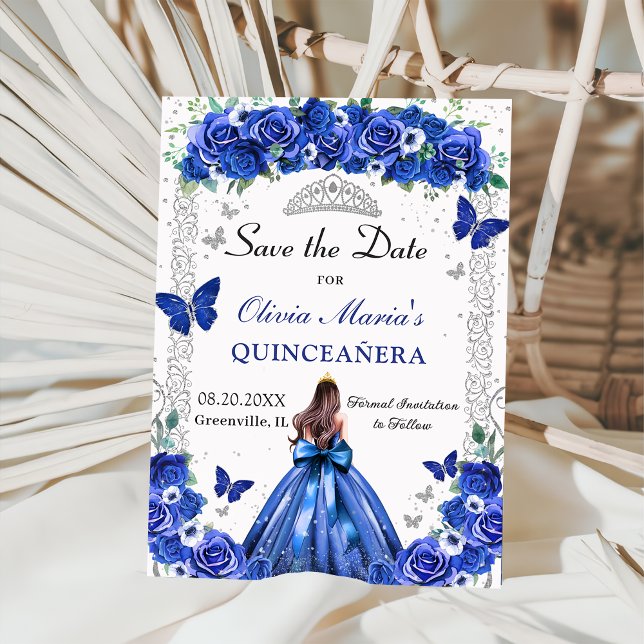 Quinceañera Royal Blue Floral Princess Butterflieg Save The Date (Von Creator hochgeladen)