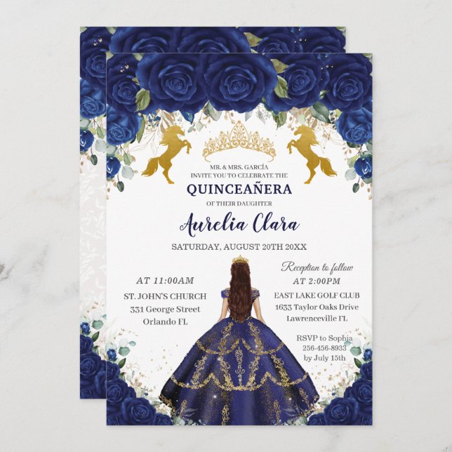 Quinceañera Royal Blue Floral Princess Gold Pferde Einladung (Vorne/Hinten)