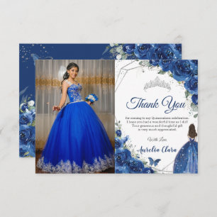 Quinceañera Royal Blue Floral Princess Picture Dankeskarte