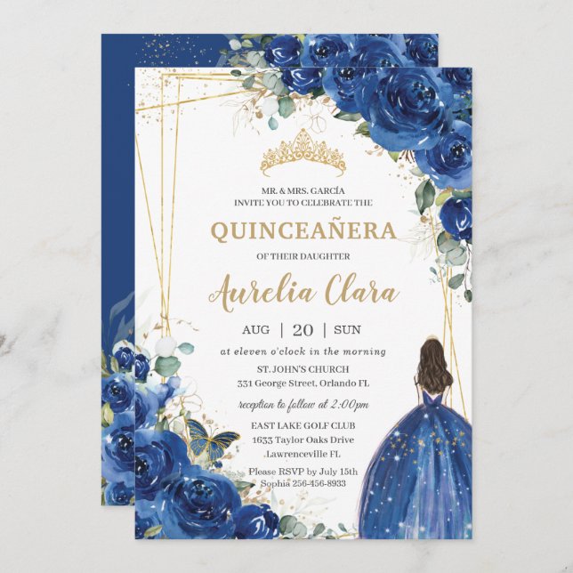 Quinceañera Royal Blue Floral Prinzessin 15 Geburt Einladung (Vorne/Hinten)