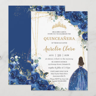 Quinceañera Royal Blue Floral Prinzessin 15 Geburt Einladung