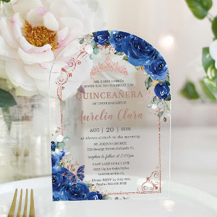 Quinceañera Royal Blue Floral Rose Gold 16. Arch Acryleinladungen