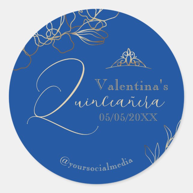 Quinceañera Royal Blue Floral Runder Aufkleber (Vorderseite)
