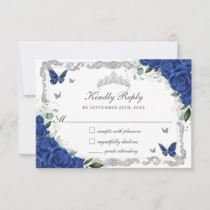 Quinceañera Royal Blue Floral Silberschmetterlinge RSVP Karte