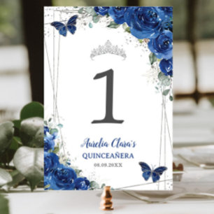 Quinceañera Royal Blue Floral Silberschmetterlinge Tischnummer